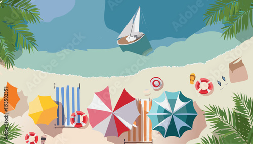 An aerial view offers a captivating look at a beach scene complete with colorful umbrellas, comfortable chairs, a small boat, and a bright life preserver