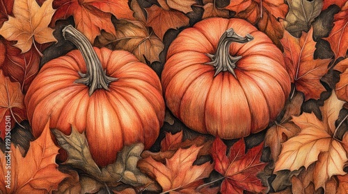 Autumn pumpkins in leaves, decorative illustration photo