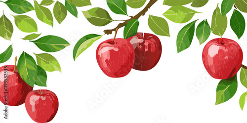 A vibrant row of perfectly red apples beautifully hangs from a sturdy branch that is adorned with lush, green leaves, creating a truly picturesque scene