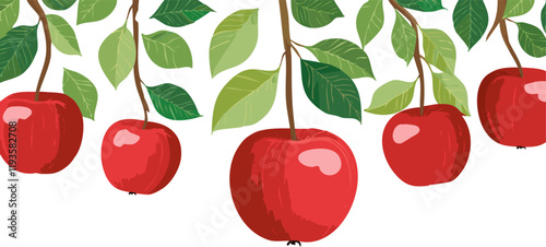 A stunning row of vibrant red apples is elegantly hanging from a sturdy tree branch, beautifully adorned with lush green leaves surrounding them