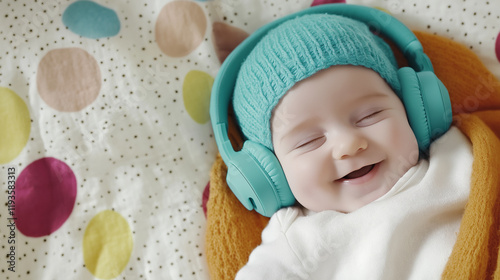 A sleeping baby wearing a blue knit hat and teal headphones, symbolizing relaxation and music enjoyment. photo