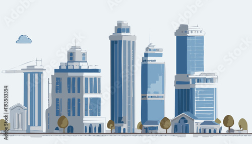 The stunning image artfully showcases a vibrant city skyline filled with tall buildings, green trees, all set against a bright, eyecatching white background