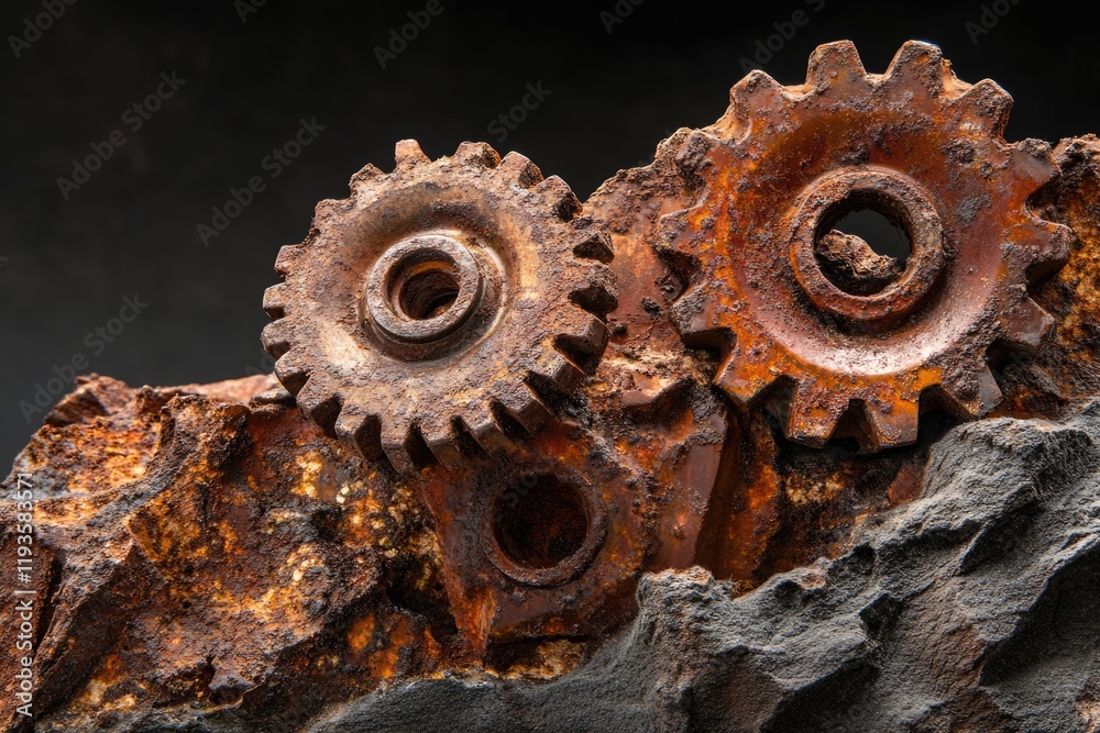 Rusty gears, remnants of machinery, heavily corroded, dark background, intricate details, texture, industrial.