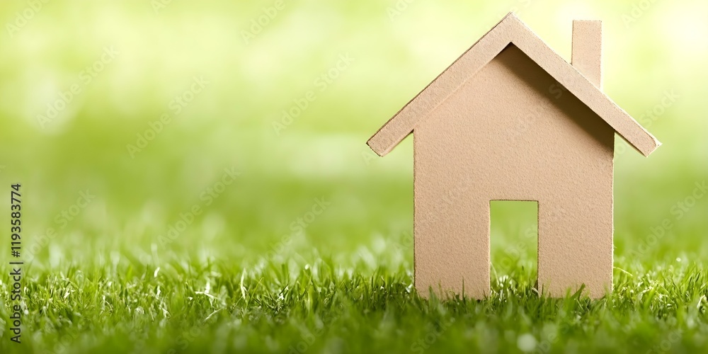 A small cardboard cutout of a house placed on a grassy field, symbolizing home or real estate. Concept Cardboard Cutout, Symbol of Home, Real Estate Concept, Grassy Field, Visual Metaphor A small cardboard cutout of a house placed on a grassy field, symbolizing home or real estate. Concept Cardboard Cutout, Symbol of Home, Real Estate Concept, Grassy Field, Visual Metaphor