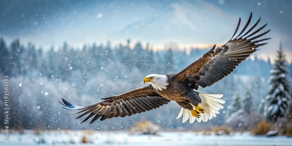 Majestic Bald Eagle Soaring, Alaskan Winter Wilderness Majestic Bald Eagle Soaring, Alaskan Winter Wilderness