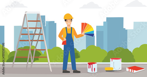 A construction worker is holding a vibrant color palette in front of a stunning city skyline filled with highrise buildings and skyscrapers