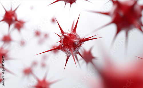 Close-up of red, spiky viruses on a light background, representing infection, microbiology, and healthcare challenges. photo