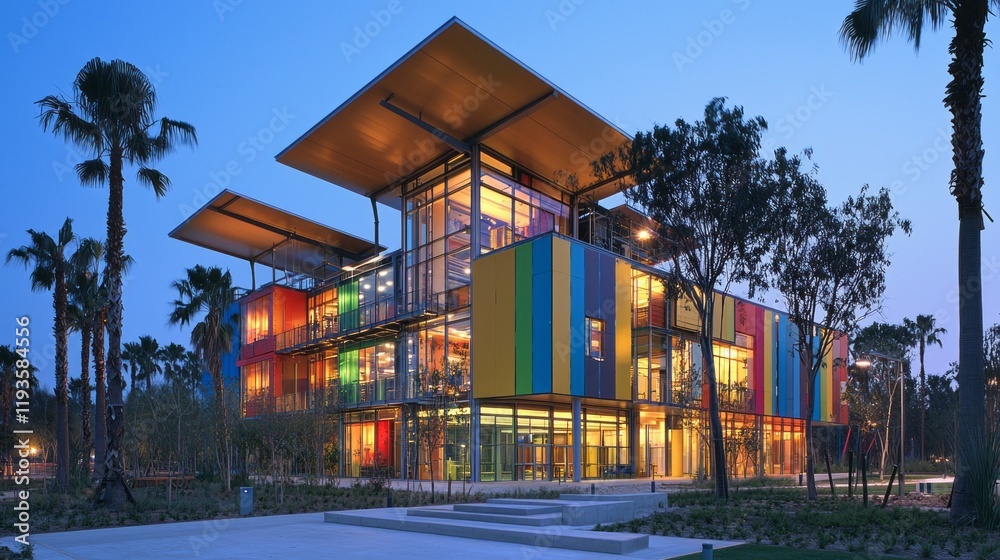 Colorful modern building at dusk. Colorful modern building at dusk.