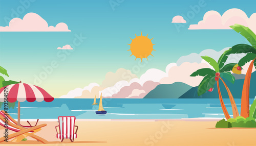 On the serene beach, two cozy and comfortable lounge chairs are positioned beneath a large umbrella, providing ample shade from the bright sun above