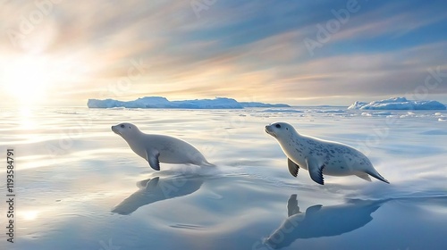 Leopard seals leaping on ice floes at sunset, Antarctic ocean photo