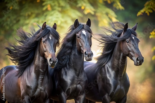 Majestic Black Horses: Elegance and Power in Equine Art - Stock Photo
