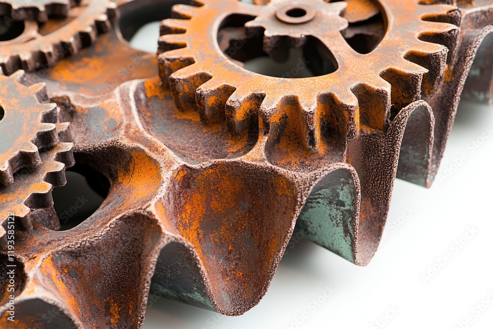 Close-up of interconnected rusty gears showcasing intricate details and texture. Close-up of interconnected rusty gears showcasing intricate details and texture.