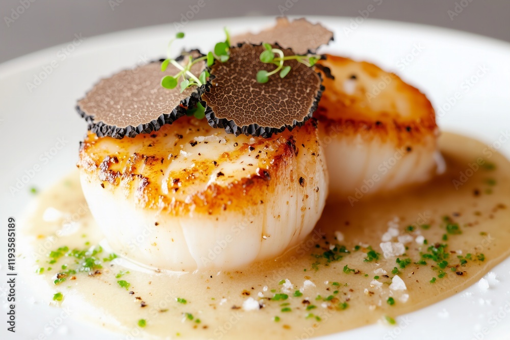 An elegant dish showcasing a perfectly seared scallop placed on a smooth ceramic plate, delicately adorned with freshly shaved black truffle slices An elegant dish showcasing a perfectly seared scallop placed on a smooth ceramic plate, delicately adorned with freshly shaved black truffle slices