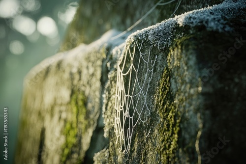 Frost-covered spiderweb delicately draped on a moss-covered rock in soft morning light. photo