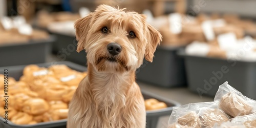 A golden-colored dog sits in a market setting, surrounded by bags of food or snacks. Concept Golden Dog in Market, Food Bag Surroundings, Cheerful Pet, Market Vibes, Snack Time Paws photo