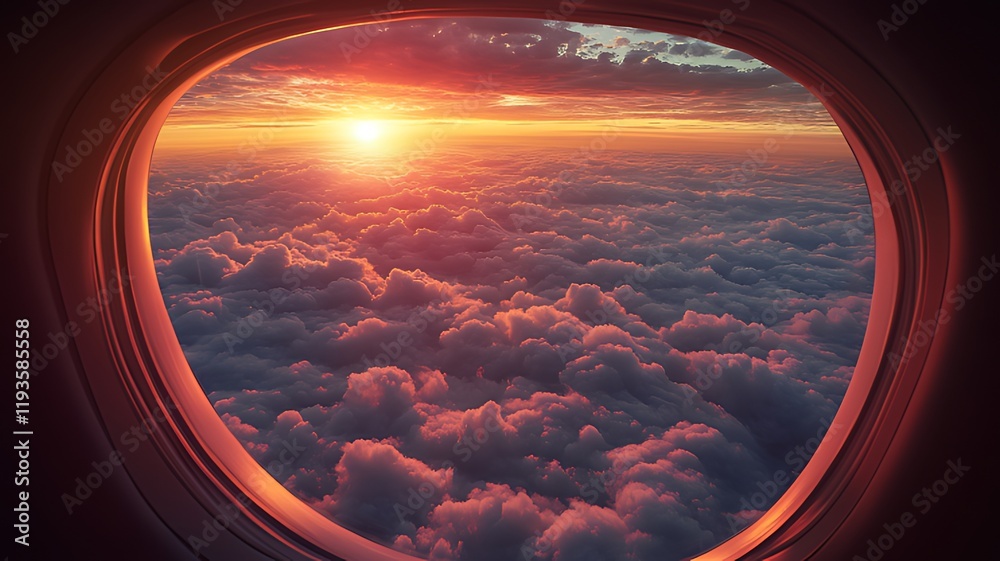 Fototapeta premium Airplane window view of sunset over cloudscape.