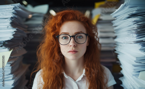 Overwhelmed office worker surrounded by towering piles of paperwork, symbolizing stress and a demanding workload. photo