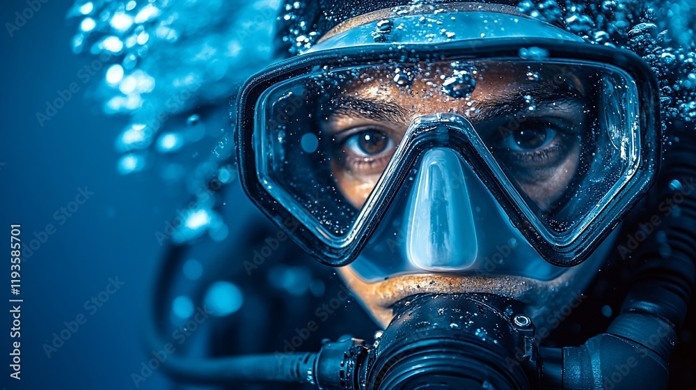 Underwater Diver's Intense Gaze: A Close-Up of a Scuba Diver's Face Mask, Bubbles, and Aquatic Scene Underwater Diver's Intense Gaze: A Close-Up of a Scuba Diver's Face Mask, Bubbles, and Aquatic Scene
