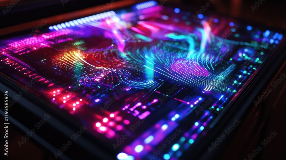 Obraz premium High-tech control panel for a quantum computer, displaying colorful, dynamic holograms