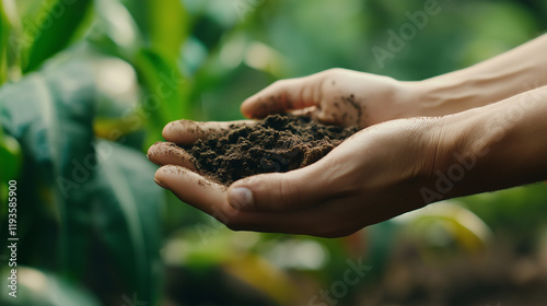 Hands gently holding rich soil in a lush garden, symbolizing sustainability, farming, and care for the environment. photo