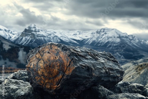 A large petrified wood log rests on rocks, with a snow-capped mountain range in the background under a cloudy sky.