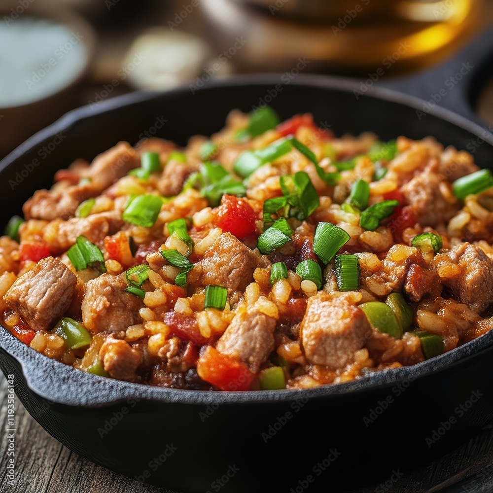 Delicious home cooked jambalaya in a cast iron skillet. Traditional specialty of Louisiana and other Southerns states . Delicious home cooked jambalaya in a cast iron skillet. Traditional specialty of Louisiana and other Southerns states .