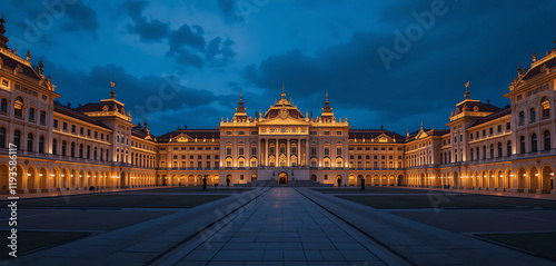 A sprawling imperial palace complex bathed in soft, warm lights, highlighting its grand halls, intricate woodwork, and gilded details.  photo