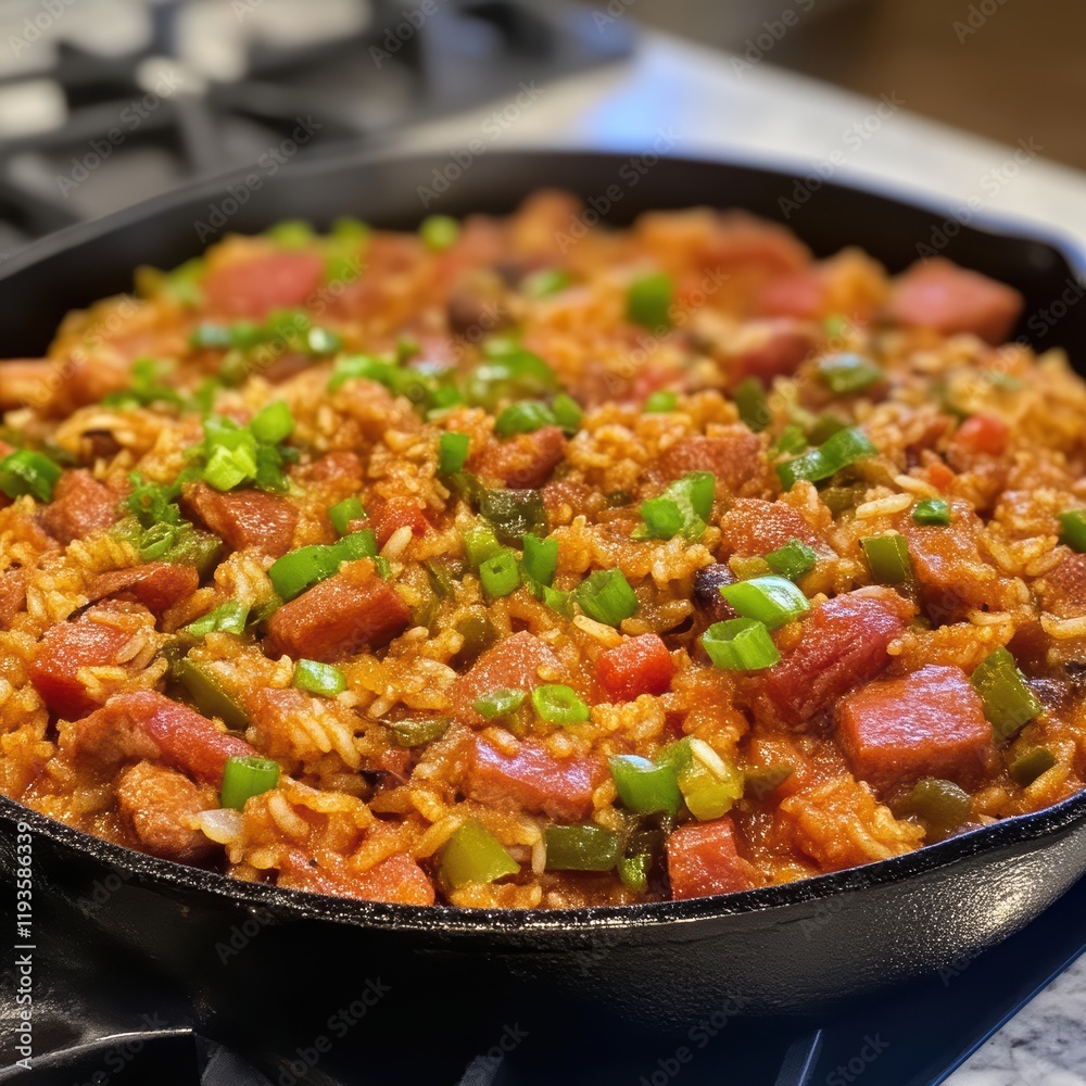 Delicious home cooked jambalaya in a cast iron skillet. Traditional specialty of Louisiana and other Southerns states . Delicious home cooked jambalaya in a cast iron skillet. Traditional specialty of Louisiana and other Southerns states .