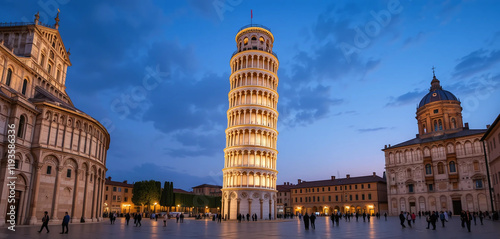 The iconic Leaning Tower, bathed in warm, soft lighting that highlights its unique tilt and Romanesque details. The surrounding Piazza dei Miracoli glows quietly. photo