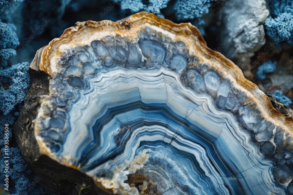 Stunning blue agate geode with captivating banding and textures, nestled amongst bluish-grey lichen. Stunning blue agate geode with captivating banding and textures, nestled amongst bluish-grey lichen.