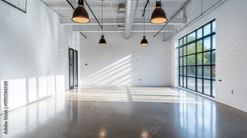 An empty, modern industrial-style space with high ceilings, exposed beams, and large windows letting in natural light. photo