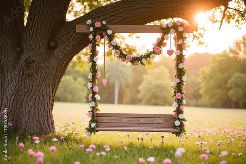 Wallpaper Mural Charming Wooden Swing Adorned with Colorful Flowers Under a Majestic Tree at Sunset, Creating a Serene and Romantic Atmosphere in a Peaceful Meadow Torontodigital.ca