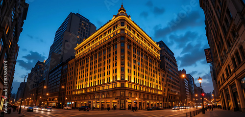 A historic triangular skyscraper bathed in soft golden lights, its Beaux-Arts façade glowing against the urban evening sky. The surrounding streets, lit by warm streetlights. photo