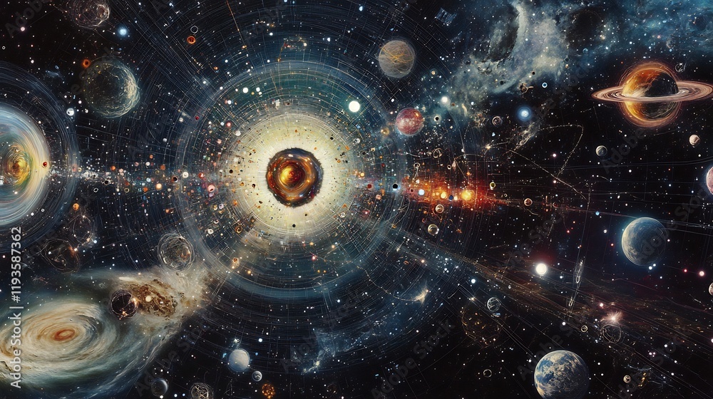 Fototapeta premium Spacetime diagrams intersecting multiverse concepts wormhole theories visualized in vibrant cosmological representations
