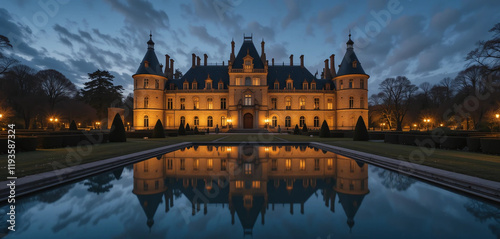 A historic French château, softly aglow under the evening lights, with its grand turrets and elegant towers mirrored in a nearby reflecting pool. The surrounding manicured gardens, dimly lit, enhance. photo