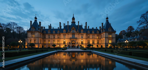 A historic French château, softly aglow under the evening lights, with its grand turrets and elegant towers mirrored in a nearby reflecting pool. The surrounding manicured gardens, dimly lit, enhance. photo