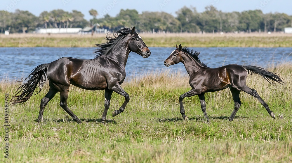 Two horses running near a marsh Two horses running near a marsh