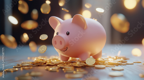 Pink piggy bank surrounded by scattered gold coins in glowing bokeh light, symbolizing savings, wealth, and financial growth. photo