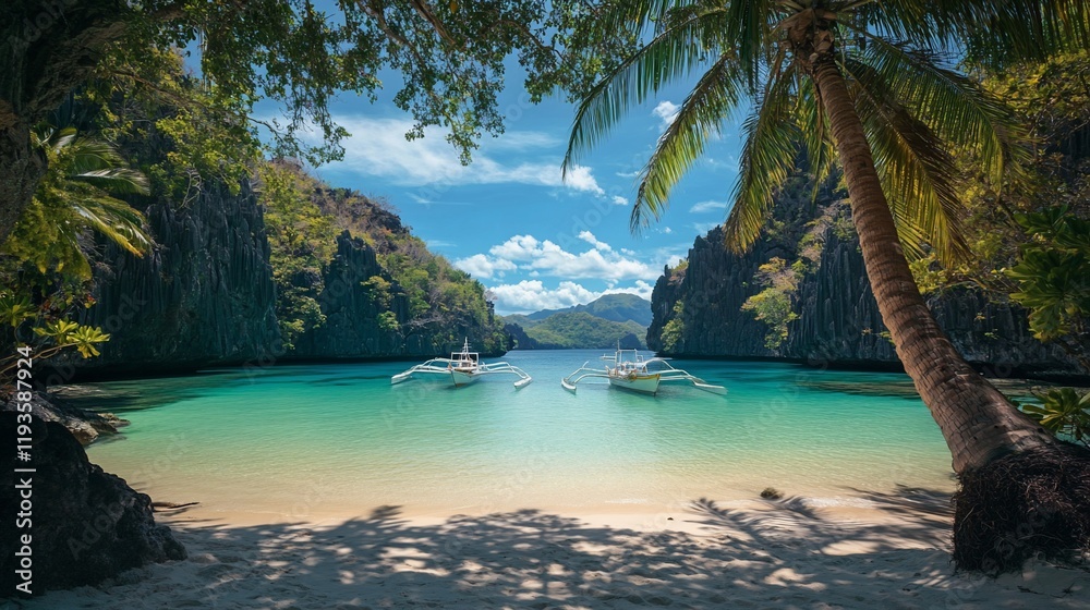 Fototapeta premium Tropical Lagoon Scene with Two Boats Anchored Near Shore