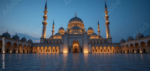 A majestic, illuminated mosque with its grand dome and tall minarets glowing softly. The tranquil, tiled courtyard surrounding it, lit by gentle evening lights, adds to the serene . photo