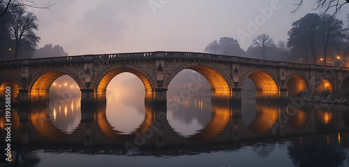 An ancient stone bridge arching over a tranquil river, softly illuminated by golden lights. The reflection of the bridge in the calm water creates a serene and picturesque scene without any people. photo