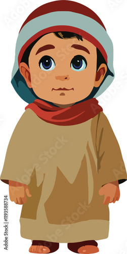 Muslim toddler wearing traditional clothes and hat smiling