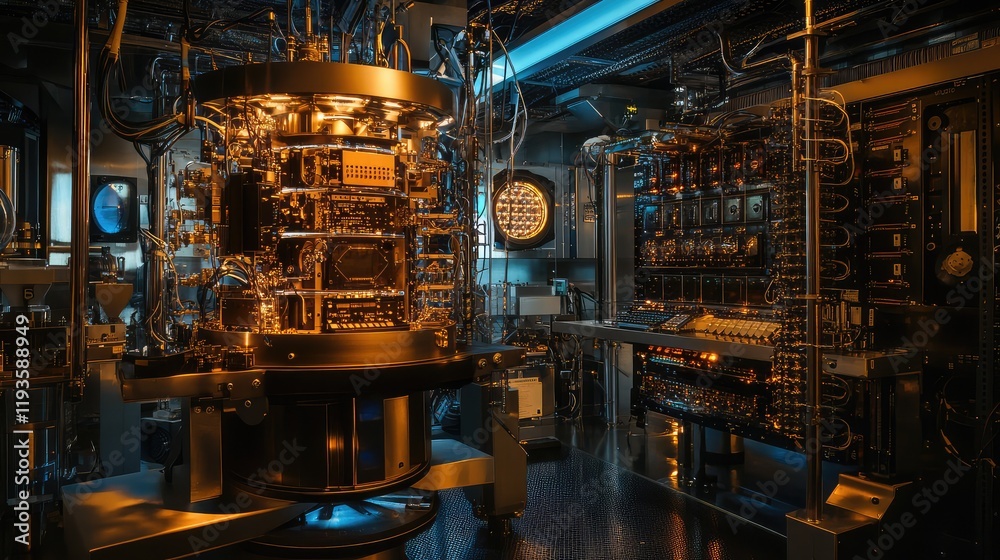 High-tech quantum cryptography setup, showcasing quantum computers and encryption algorithms protecting communication channels and data exchanges High-tech quantum cryptography setup, showcasing quantum computers and encryption algorithms protecting communication channels and data exchanges