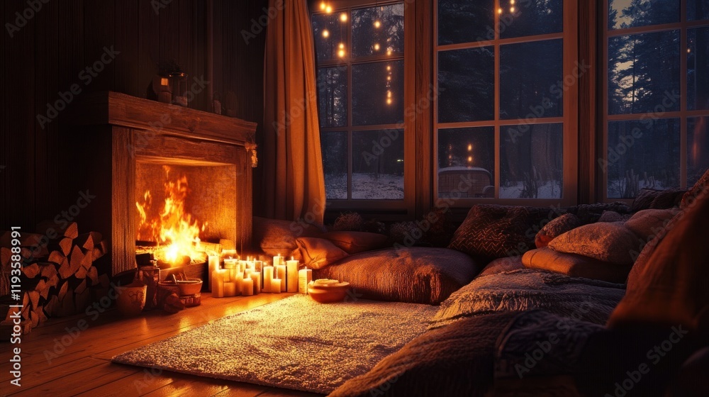 Warm and inviting living room with a fireplace and view of the snowy winter night Warm and inviting living room with a fireplace and view of the snowy winter night
