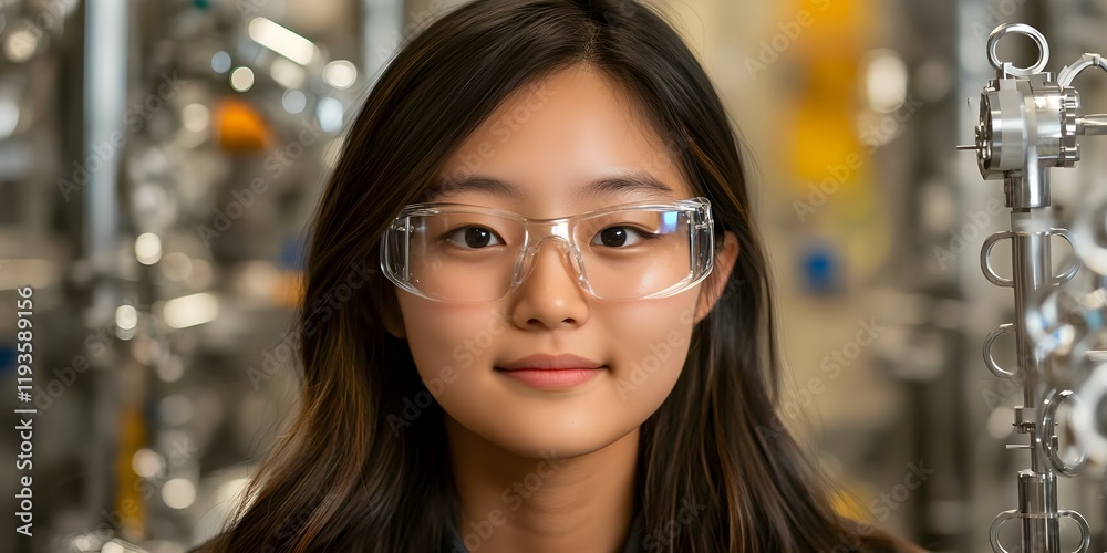 Fototapeta premium A young woman wearing clear safety glasses, smiling in a laboratory setting with scientific equipment in the background. Concept Safety in the Lab, Smiling Scientist, Clear Safety Glasses