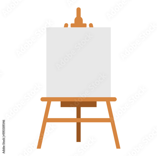 wooden easel empty blank canvas Vector illustration for artist equipment mockup. Painter board or frame on wood tripod stand.