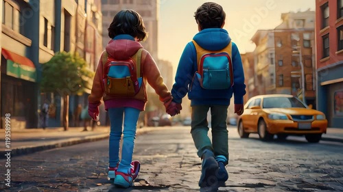 A boy and a girl, holding hands, walking down a city street.