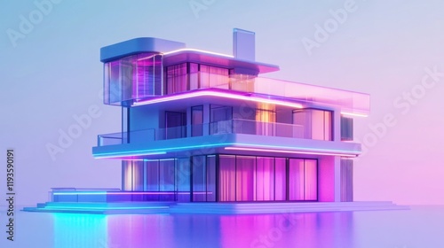 Futuristic Neon Mansion by the Water: A Modern Architectural Masterpiece