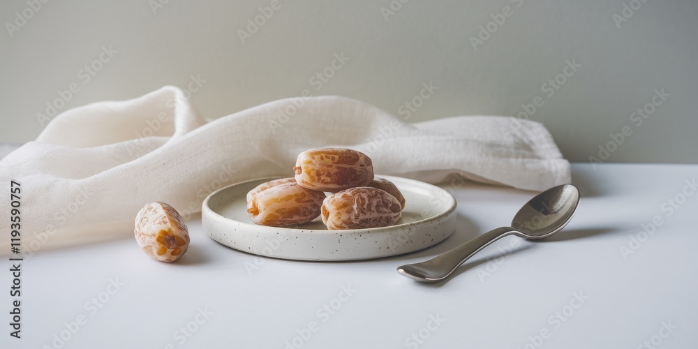 Sweet Dates Arranged on Small Plate with Spoon Sweet Dates Arranged on Small Plate with Spoon