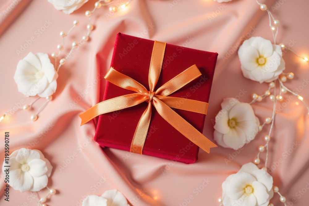 Fototapeta premium Elegant Red Gift Box Tied with Orange Ribbon Surrounded by White Flowers and Twinkling Lights on a Soft Pink Fabric Background